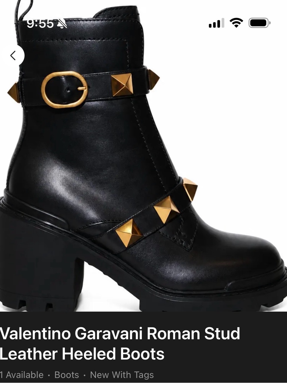 Valentino Garavani Black Leather Studded Block-Heel Boots with Gold Hardware
